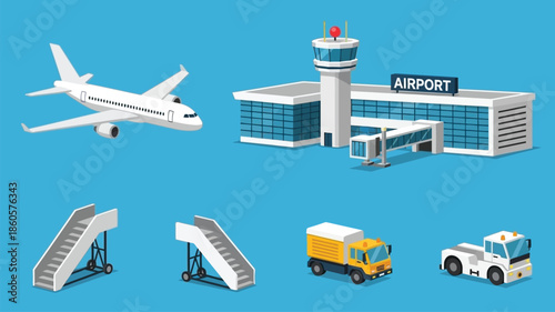 Isometric airport illustration featuring a plane control tower and ground vehicles