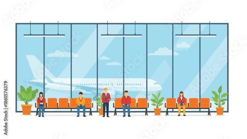People waiting in an airport departure lounge with airplane view outside