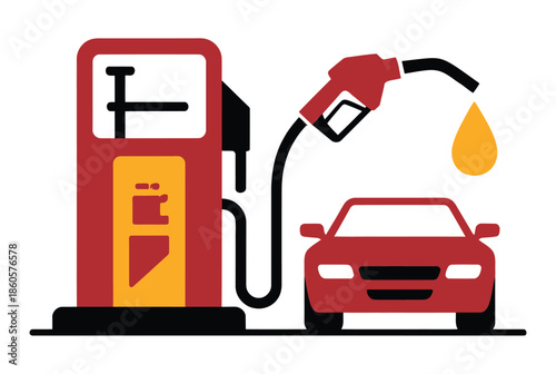 Red car fueling up at a gas station with a dripping nozzle.