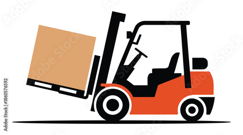 Forklift truck lifting a cardboard box on a pallet, symbolizing logistics and delivery.