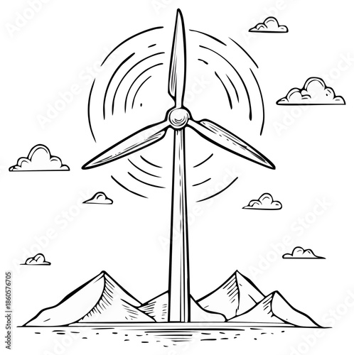 Black and white sketch of a wind turbine generating clean power over a mountainous landscape with clouds