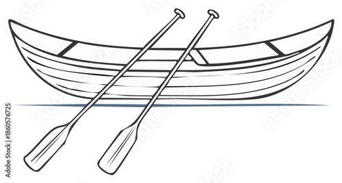 Canoe and paddles in black and white illustration