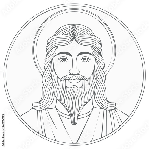 Religious Figure Portrait Illustration with Halo and Beard in Line Art Style