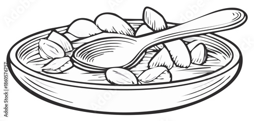 Hand Drawn Bowl Filled with Almonds and Wooden Spoon