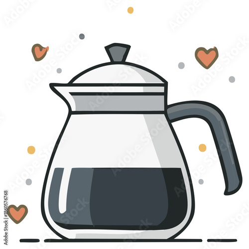 Charming flat illustration of a glass coffee pot filled with a dark beverage and decorative hearts