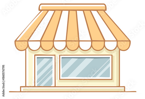 Cartoon Storefront with Striped Awning in Yellow Hues Cute Small Business Retail Shop Icon