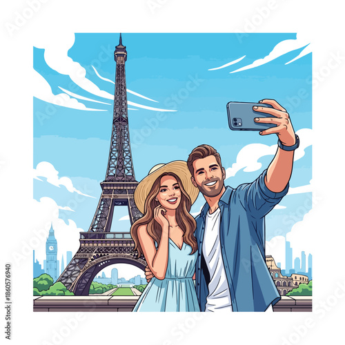 Couple Celebrating Parisian Adventure with Iconic Skyline Backdrop