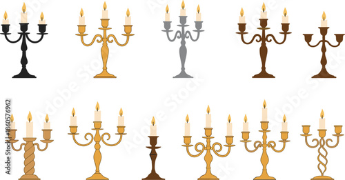 Elegant candelabra and candlestick collection featuring gold silver and black antique holders with burning candles for home decor wedding and formal events.