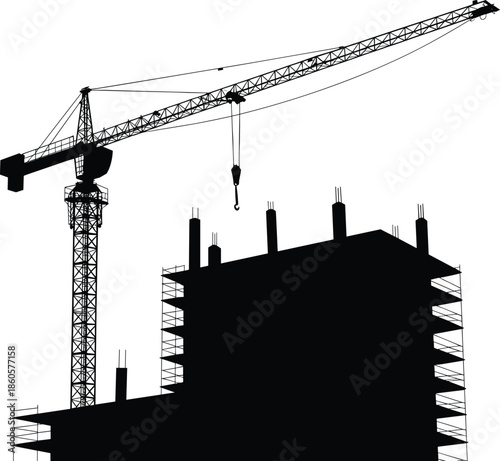 Construction site vector illustration with tower crane and building framework, black silhouette style, ideal for architecture, engineering, urban development, and infrastructure projects