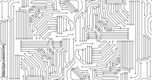 Circuit Board Technology Copy Space Vector Background. Grayscale Abstract Scifi PCB Trace Data Transfer Design Illustration.