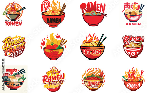 Ramen Logo Collection with Japanese Noodle Bowl Illustrations, Asian Street Food Branding Design, Fast Food Ramen Labels, Vintage and Modern Ramen Restaurant Logos for Menu, Packaging,  Food 