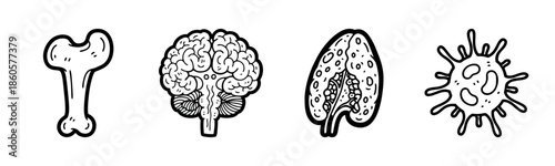 Black and white illustrations of bone, brain, lungs, and virus