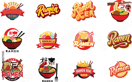 Ramen Logo Collection with Japanese Noodle Bowl Illustrations, Asian Street Food Branding Design, Fast Food Ramen Labels, Vintage and Modern Ramen Restaurant Logos for Menu, Packaging,  Food 