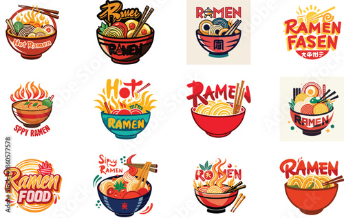 Ramen Logo Collection with Japanese Noodle Bowl Illustrations, Asian Street Food Branding Design, Fast Food Ramen Labels, Vintage and Modern Ramen Restaurant Logos for Menu, Packaging,  Food 