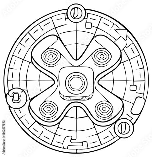 Mystical circular seal or sci-fi artifact with geometric patterns, line art for coloring book page