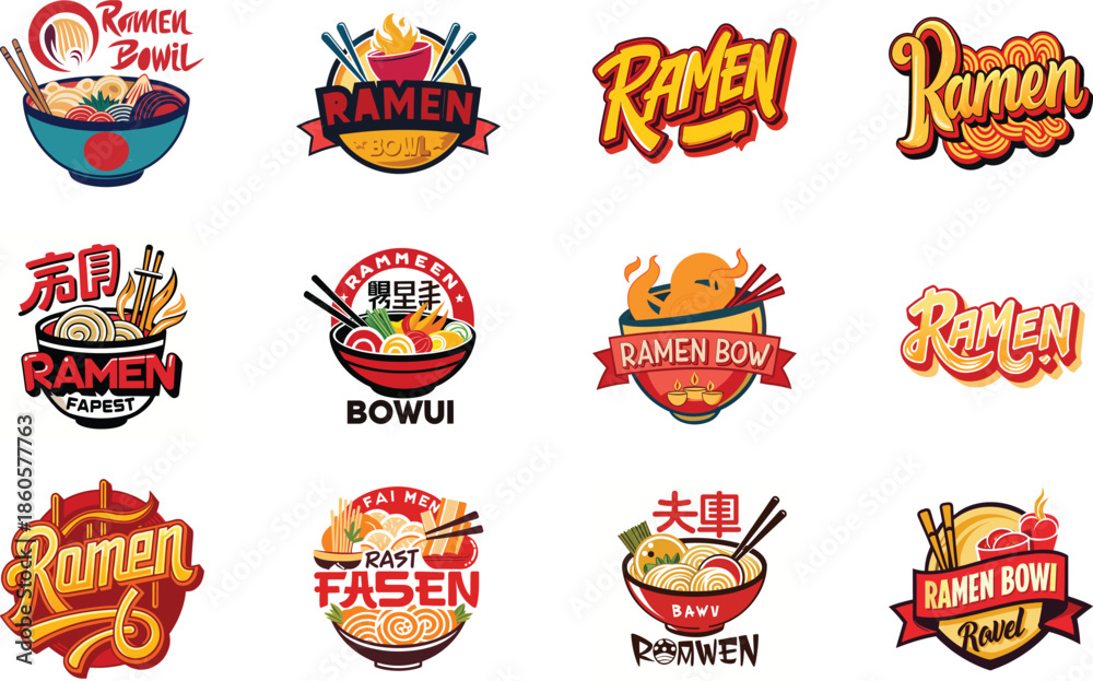 Naklejka premium Ramen Logo Collection with Japanese Noodle Bowl Illustrations, Asian Street Food Branding Design, Fast Food Ramen Labels, Vintage and Modern Ramen Restaurant Logos for Menu, Packaging, Food 