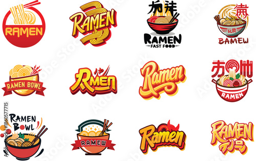 Ramen Logo Collection with Japanese Noodle Bowl Illustrations, Asian Street Food Branding Design, Fast Food Ramen Labels, Vintage and Modern Ramen Restaurant Logos for Menu, Packaging,  Food 