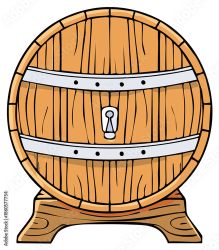 Cartoon Style Wood Barrel with Lock on Stand Vector Illustration