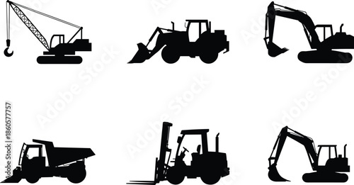 Construction vehicle silhouettes, heavy machinery equipment, excavator, dump truck, bulldozer, forklift, industrial illustration, black icons for building design