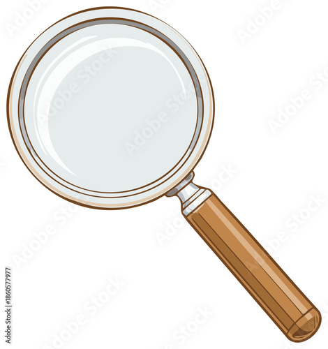 Magnifying glass with wooden handle. Tool for observation, research, investigation, or finding and search, flat vector illustration isolated on white background.