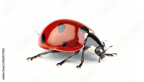Vibrant Red Ladybug with Black Spots on a Pristine White Background