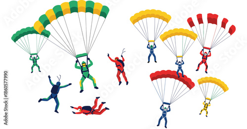Skydivers and parachutists collection featuring characters jumping from planes and gliding with colorful parachutes for extreme sports and outdoor adventure vector design.