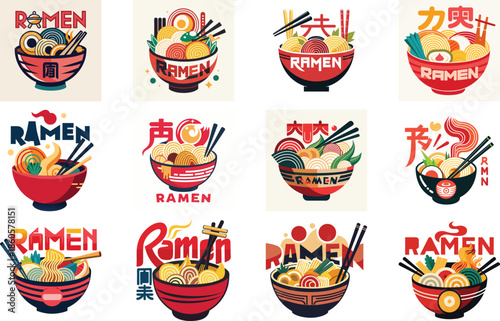 Ramen Logo Collection with Japanese Noodle Bowl Illustrations, Asian Street Food Branding Design, Fast Food Ramen Labels, Vintage and Modern Ramen Restaurant Logos for Menu, Packaging,  Food 