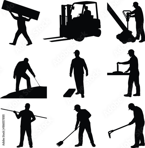 Construction worker silhouettes set, laborers using tools, forklift operation, material handling, shoveling, sweeping, raking, industrial work, heavy equipment, manual labor tasks