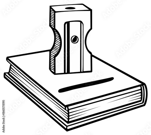 Pencil sharpener on top of a closed book