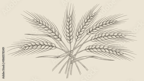 Detailed illustration of wheat stalks arranged in a bundle against a neutral backdrop
