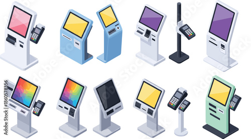 Self service payment kiosk collection with touch screen terminals and card readers for automated retail banking hospital and airport digital transaction vector.