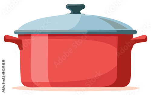 Vibrant red cooking pot with light blue lid kitchenware for food preparation vector illustration