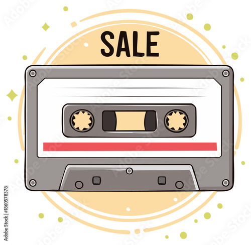 Illustrated cassette tape with sale text, retro design for promotional sale or advertising.