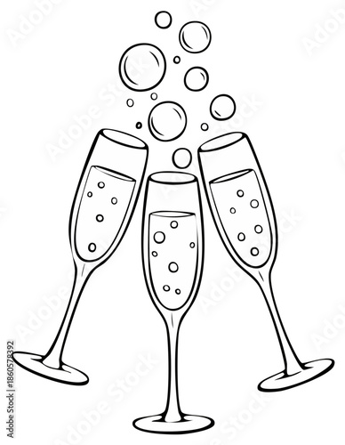 Three champagne flutes with bubbling effervescence and rising bubbles in a celebratory toast illustration