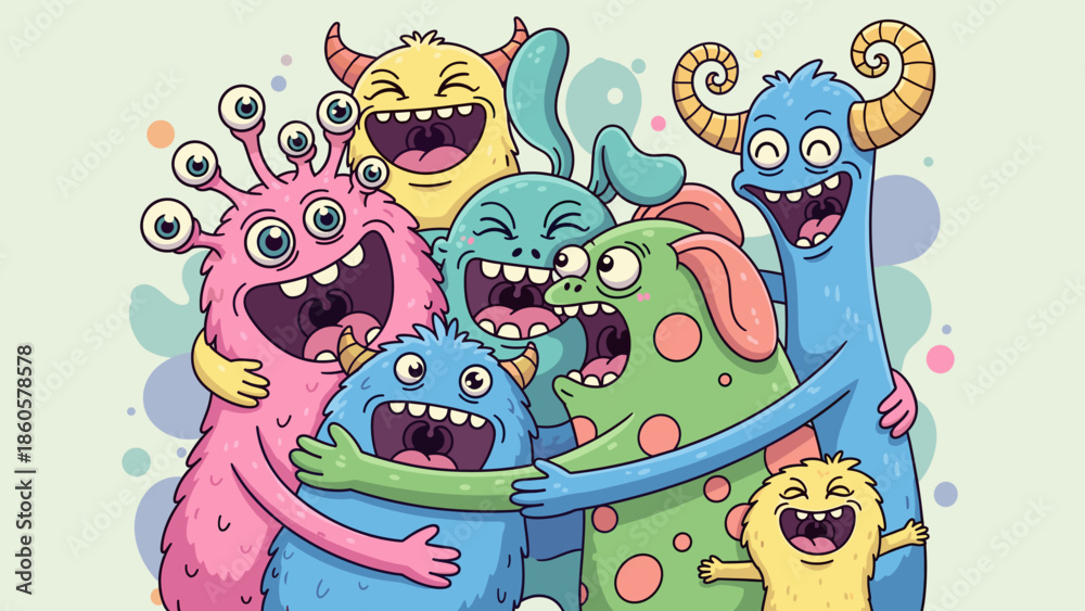 Naklejka premium Cheerful monsters in a group hug cartoon illustration for fun concepts