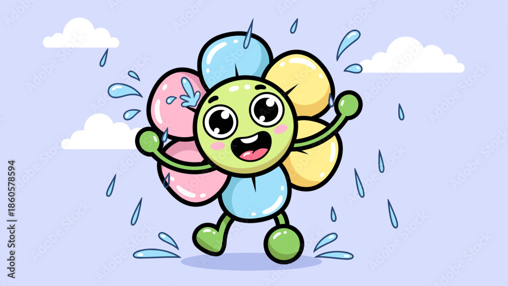 Obraz premium Cheerful flower character enjoying rain with happy expression on light background