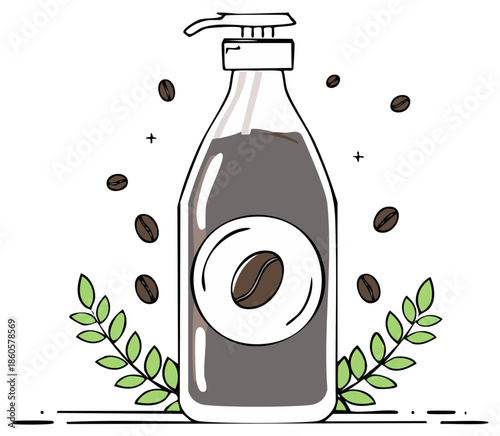 Coffee bottle design with beans and leaves illustration