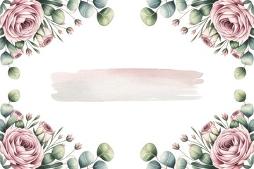 Watercolor floral border with pink roses, eucalyptus, and brush stroke isolated on white background
