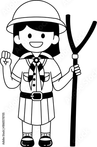 Black and white illustrations of short hair girl wearing a thai girl scouts uniform