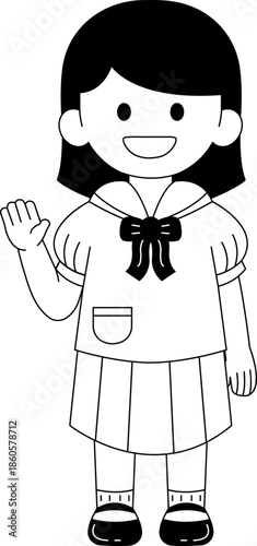 Black and white illustrations of short hair girl in a Thai school uniform is waving
