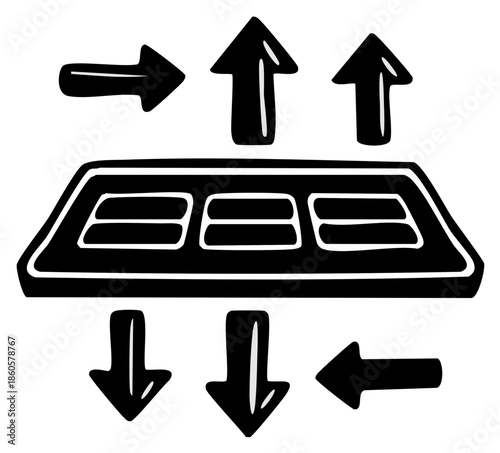 Doodle illustration of a network switch with arrows indicating data traffic, upload, and download