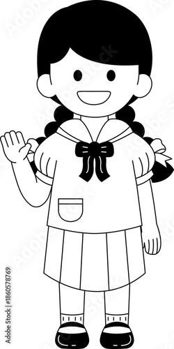 Black and white illustrations of long hair girl in a Thai school uniform is waving