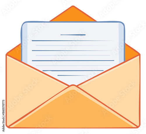 Open envelope with paper inside featuring horizontal lines of text and blue border