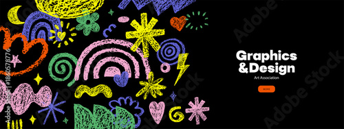 Modern funky crayon hand drawn doodle shapes banner. Grunge colorful pencil scribbles for collages design. Vector illustration. Geometric pattern background