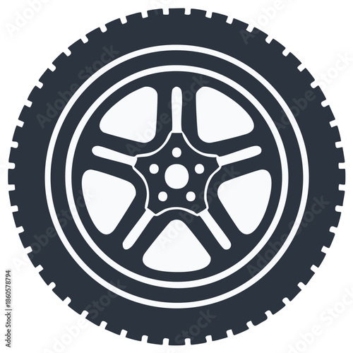 Tire with rim vector illustration, spare auto part for the car in dark blue and white, auto service shop icon, vehicle tire