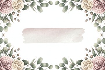 Watercolor floral frame with pink roses and eucalyptus leaves, text space isolated on white background