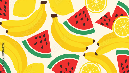 Colorful arrangement of fresh fruit including bananas watermelon and lemons