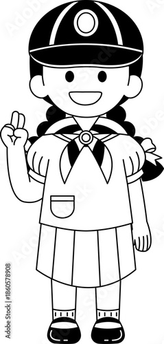 Black and white illustrations of A girl wearing a thai scout hat and scarf