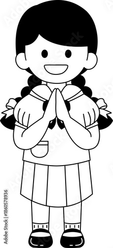 Black and white illustrations of long hair girl in a Thai school uniform is greeting