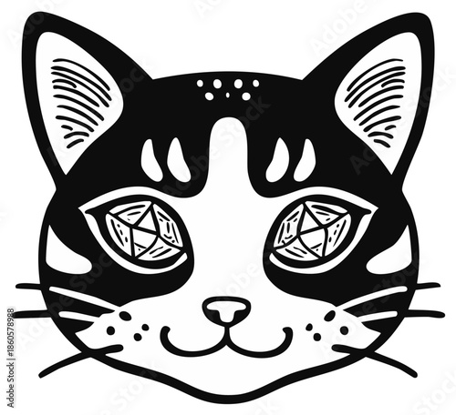 Stylized Black and White Cat Face with Geometric Diamond Eyes and Whiskers